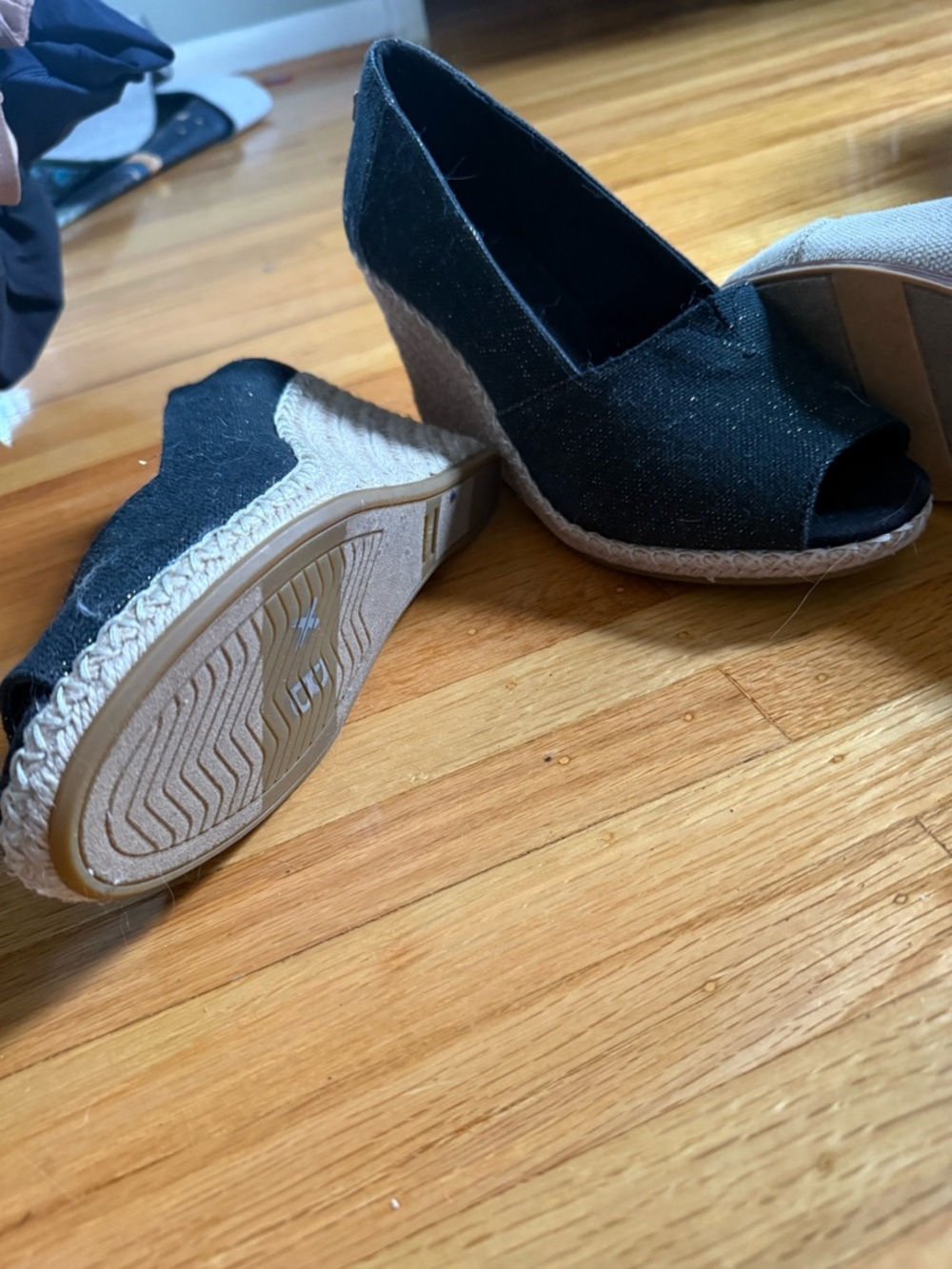 Toms Black Peep-Toe Wedge Espadrilles
